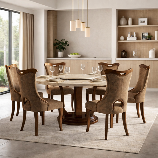 COMEDOR REDONDO DE MARMOL Y ROBLE TEO - 6 SILLAS