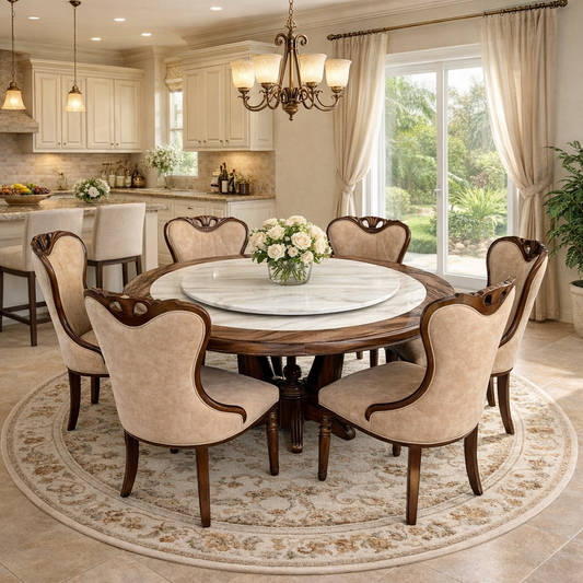 COMEDOR REDONDO DE MARMOL Y ROBLE BAFRA - 6 SILLAS