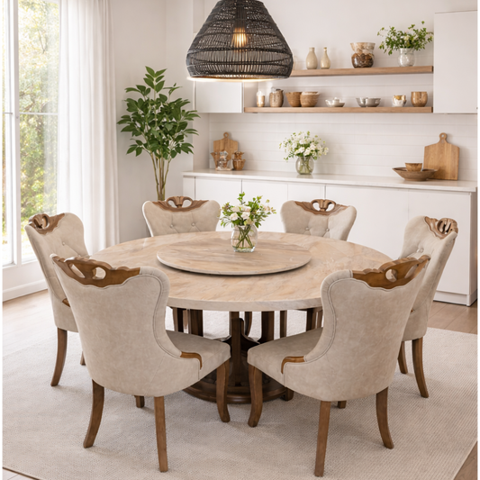 COMEDOR REDONDO DE MARZMOL Y ROBLE ERBAA - 6 SILLAS