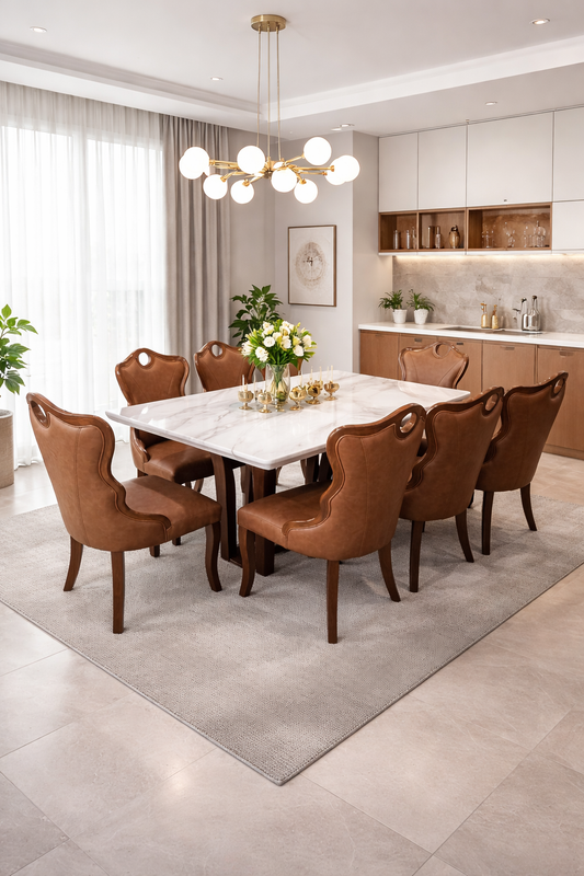 COMEDOR DE MARMOL Y ROBLE YALOVA - 8 SILLAS - BASE ABANICO