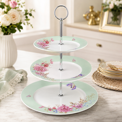 Soporte de Tres Niveles Floral – Cerámica Verde Menta