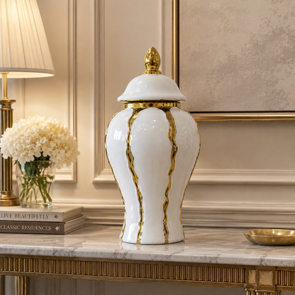 Florero y Cofre Decorativo de Cerámica Blanco y Dorado - 31 cm