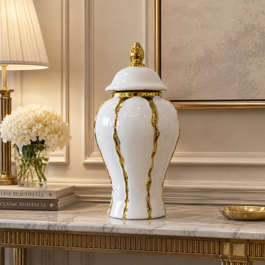 Florero y Cofre Decorativo de Cerámica Blanco y Dorado - 31 cm