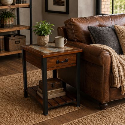 Mesa loft wood lateral - Estilo rustico insdustrial - Madera y patas metalicas- Cubierta tipo piedra
