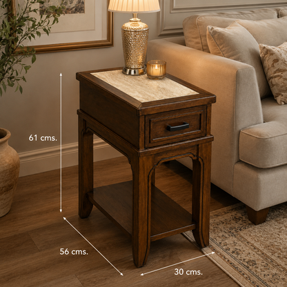 Mesa Lateral Arlington S – Estilo Clásico - Madera Sólida con Cajón - Repisa Inferior y Cubierta Tipo Mármol