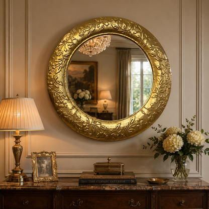 Espejo dorado Maura – Estilo clásico elegante – Marco con detalles florales en relieve