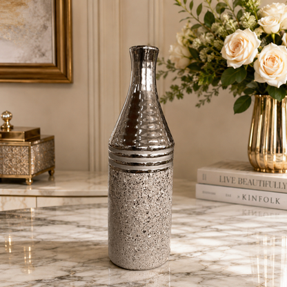 Botella Decorativa de Cerámica - Color Plateado – 32 cm
