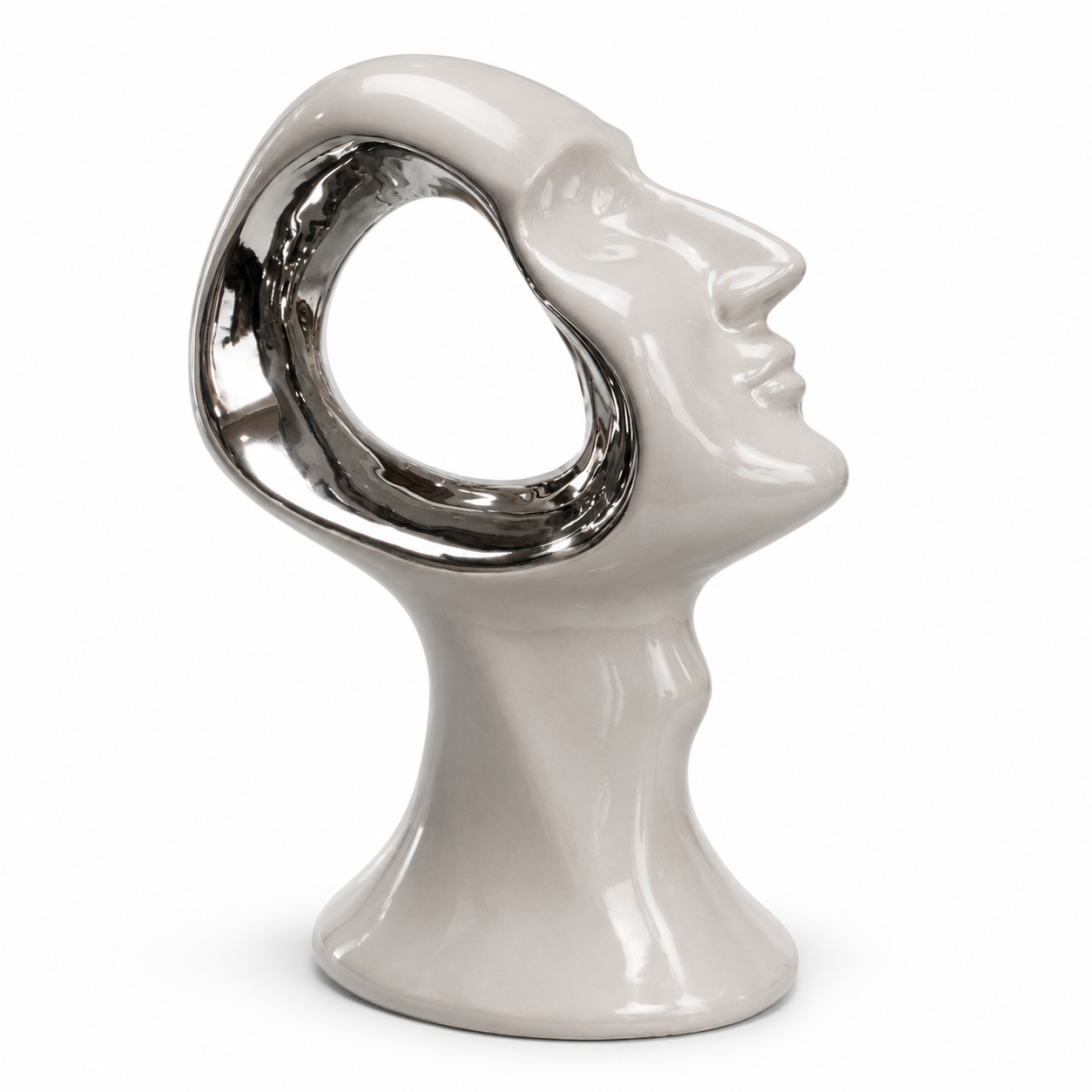 Busto Abstracto Decorativo - Cerámica - Color Beige y Plateado – 19,5 × 21 cm