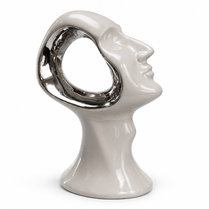 Busto Abstracto Decorativo - Cerámica - Color Beige y Plateado – 19,5 × 21 cm