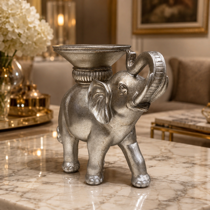 Candelabro Porta Vela Decorativo - Elefante Silver - Poliresina – 20 × 22 cm