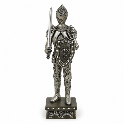 Soldado Medieval Plateado Envejecido con Espada y Escudo – Figura Decorativa - 41,5 cm