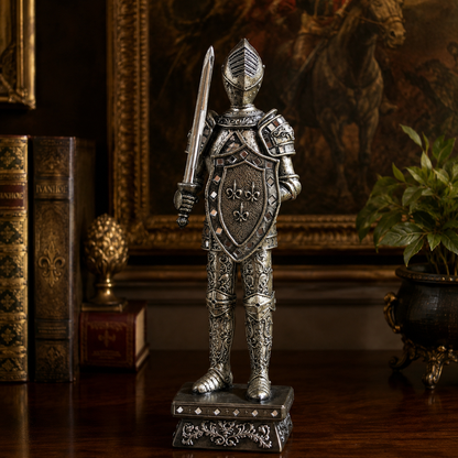 Soldado Medieval Plateado Envejecido con Espada y Escudo – Figura Decorativa - 41,5 cm