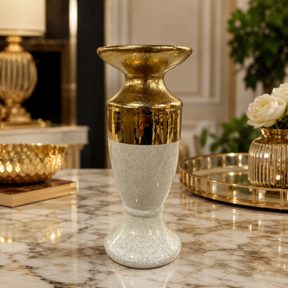 Candelabro Ceramica - 25 cm - Dorado y Blanco