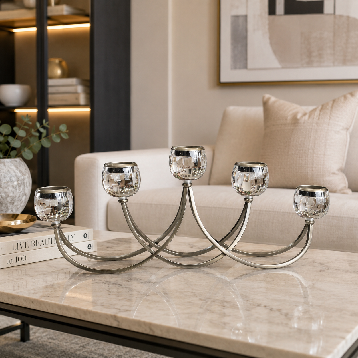Candelabro Extendido de Cristal con Base Metálica - 65 cm