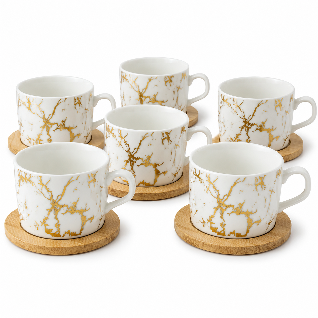 Juego de 6 Tazas - Línea Moderna - Loza con Platos de Bambú – Diseño Marmoleado Dorado