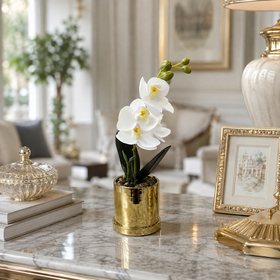 Arreglo Artificial de Orquídeas Blancas en Maceta - 29 cm