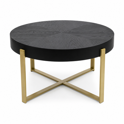 Mesa de Centro Redonda Black Circle - Madera Negra con Base Metálica Dorada - 82x82x45 cm
