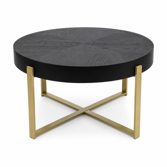 Mesa de Centro Redonda Black Circle - Madera Negra con Base Metálica Dorada - 82x82x45 cm