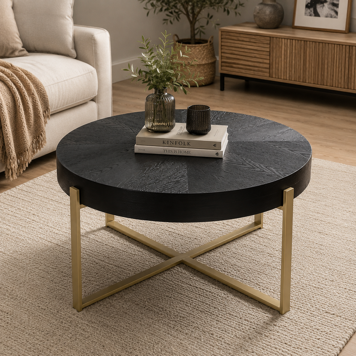 Mesa de Centro Redonda Black Circle - Madera Negra con Base Metálica Dorada - 82x82x45 cm