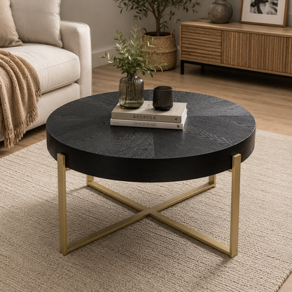 Mesa de Centro Redonda Black Circle - Madera Negra con Base Metálica Dorada - 82x82x45 cm