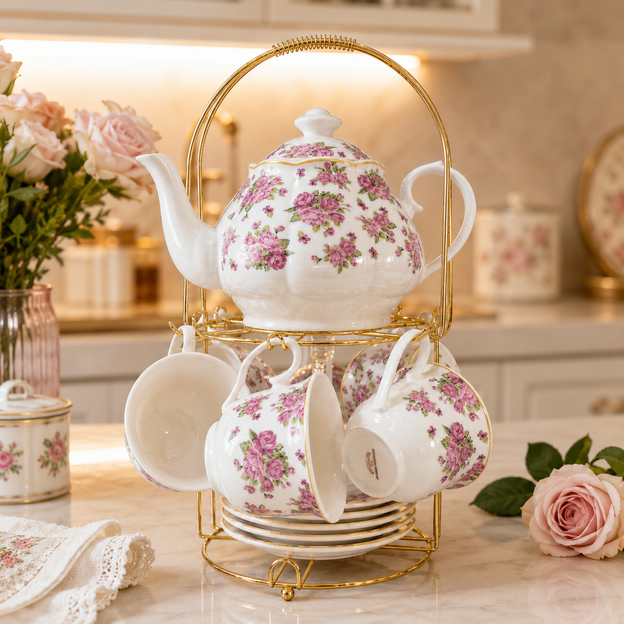 Juego de Té Nouvelle con Atril Dorado – 13 Piezas