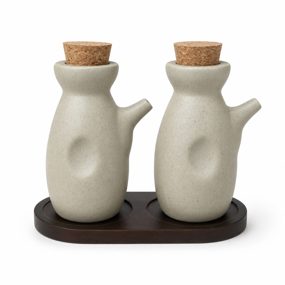 Set Alcuza de Cerámica 2 Piezas con Tapas de Corcho y Base de Madera