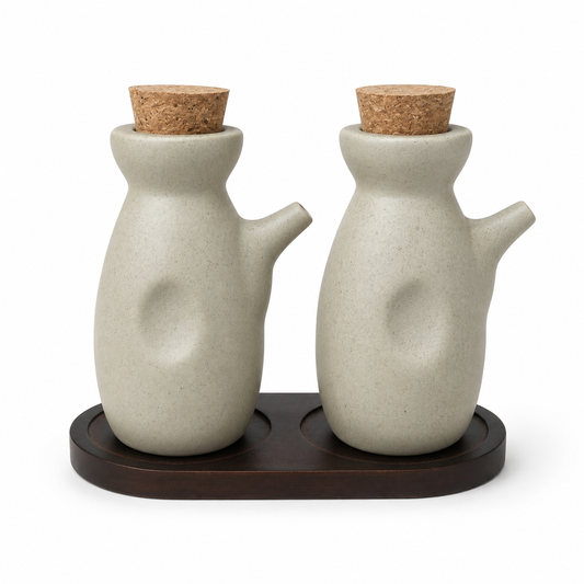 Set Alcuza de Cerámica 2 Piezas con Tapas de Corcho y Base de Madera