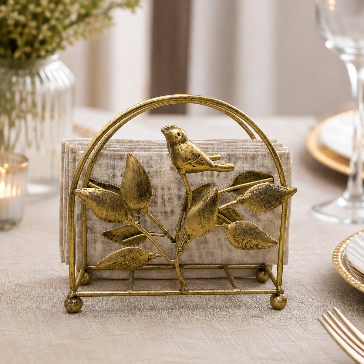 Servilletero Dorado Metálico con Diseño de Pájaros y Hojas