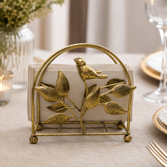Servilletero Dorado Metálico con Diseño de Pájaros y Hojas