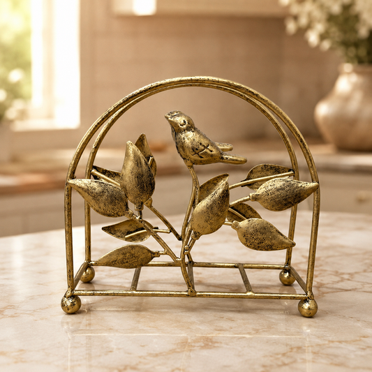 Servilletero Dorado Metálico con Diseño de Pájaros y Hojas
