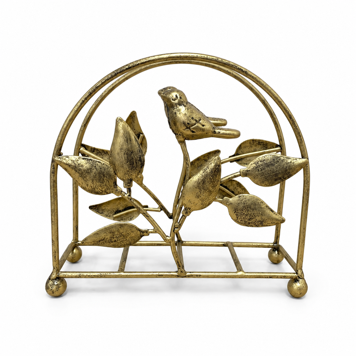 Servilletero Dorado Metálico con Diseño de Pájaros y Hojas