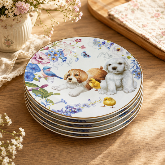 Set de 6 Platos de Porcelana para Té con Diseño de Cachorros y Flores – 19 cm
