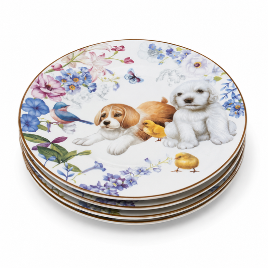Set de 6 Platos de Porcelana para Té con Diseño de Cachorros y Flores – 19 cm