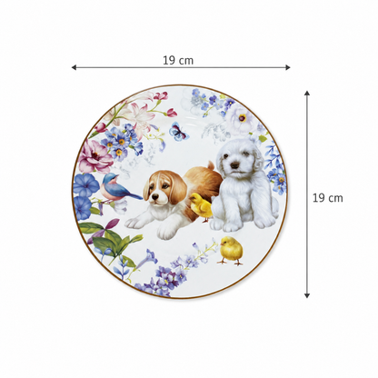 Set de 6 Platos de Porcelana para Té con Diseño de Cachorros y Flores – 19 cm