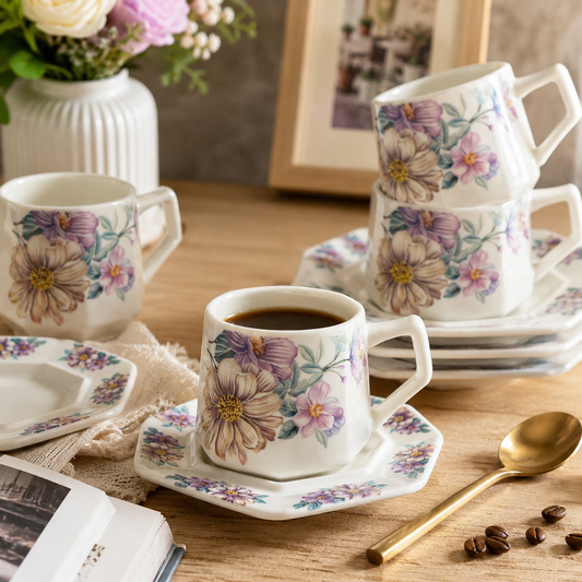 Juego de 6 Tazas de Café Octagonales con Platos Flowers de Porcelana Vintage