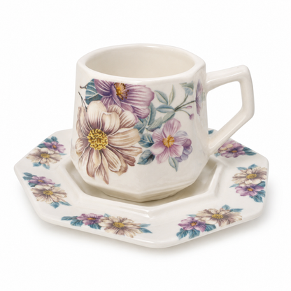 Juego de 6 Tazas de Café Octagonales con Platos Flowers de Porcelana Vintage