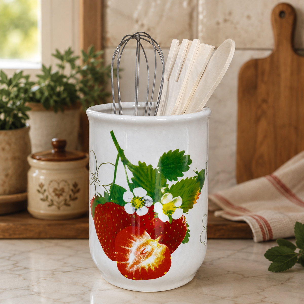 Jarro Organizador de Cerámica para Utensilios de Cocina con Diseño de Frutillas