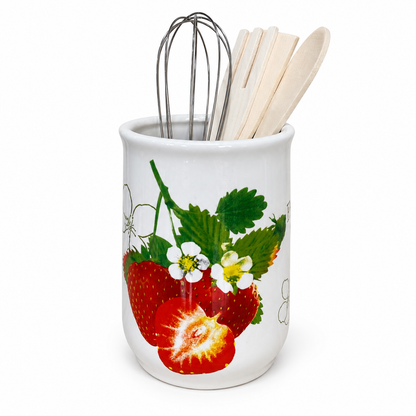 Jarro Organizador de Cerámica para Utensilios de Cocina con Diseño de Frutillas