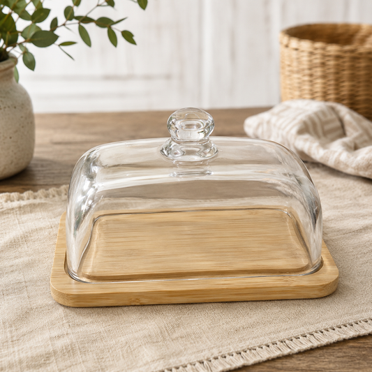 Mantequillera Wood de Bambú con Tapa de Vidrio – 18 x 13 x 9 cm