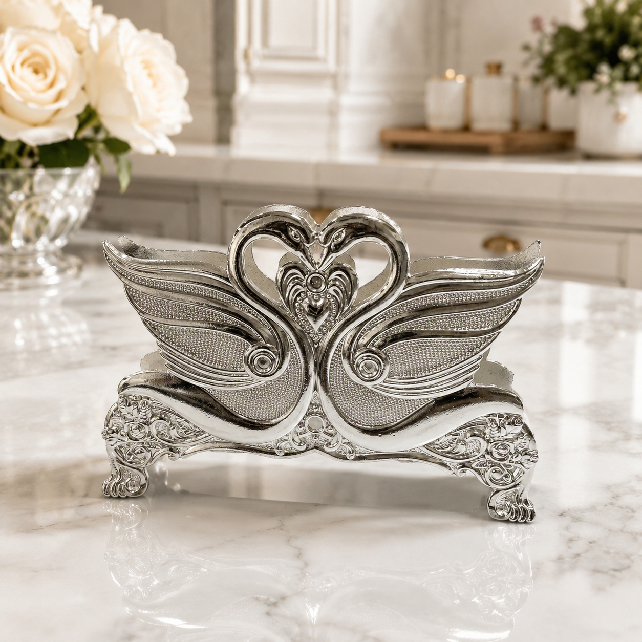 Servilletero de Plaqué con Diseño de Cisnes - 13 cm