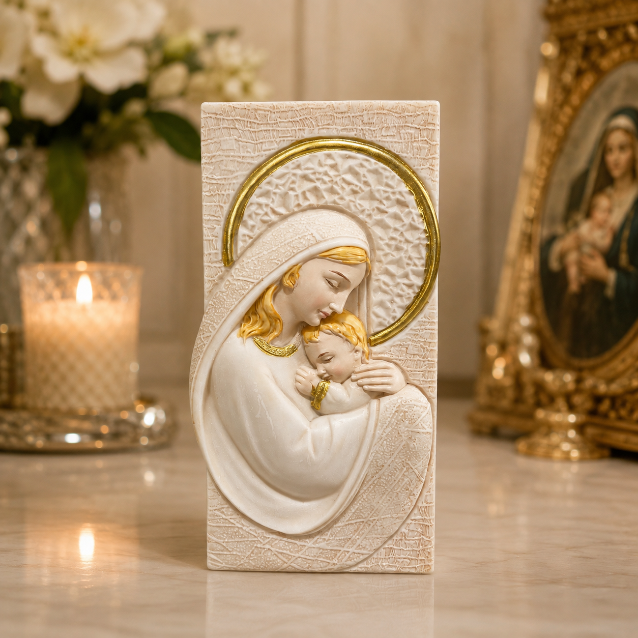 Figura Decorativa María y el Niño Jesús con Soporte - 14,5 cm