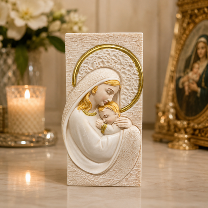 Figura Decorativa María y el Niño Jesús con Soporte - 14,5 cm