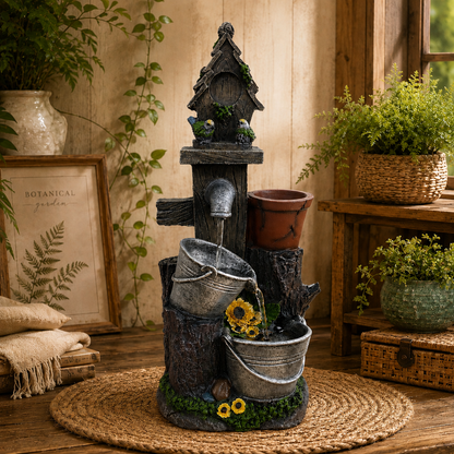 Fuente de Agua Rústica con Baldes y Macetero - 48,5 cm