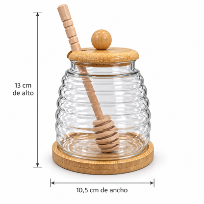 Mielero de Vidrio y Madera con Cuchara