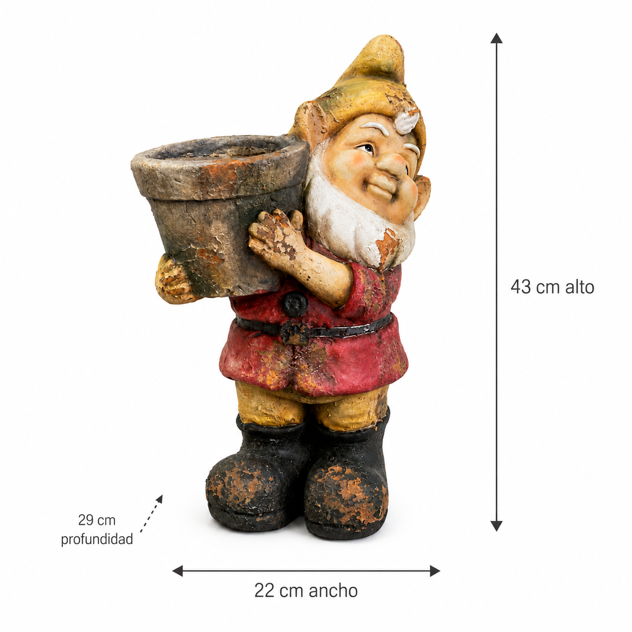 Figura Decorativa de Gnomo con Macetero - Poliresina - 43 cm