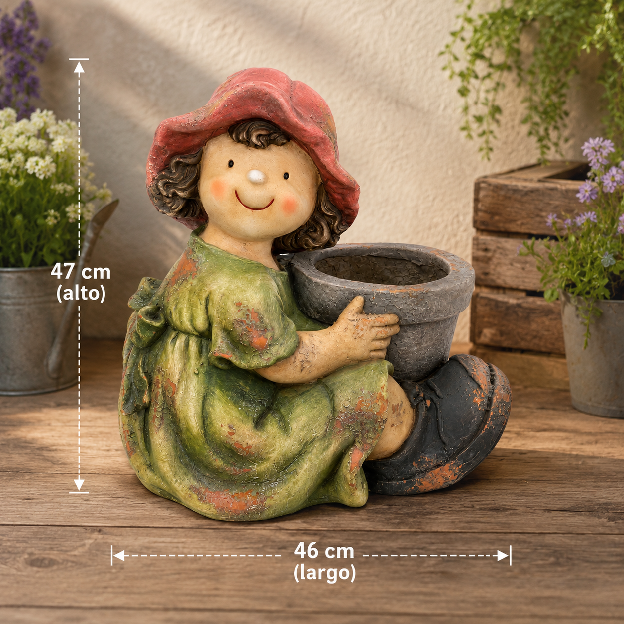 Maceta Decorativa Niña con Sombrero Rojo – Poliresina - 47 cm