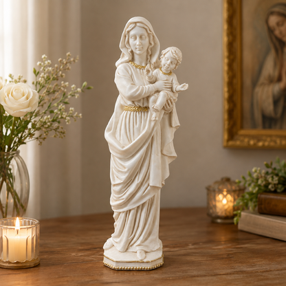 Figura Virgen María con Niño Jesús Marfil y Dorado – 39 cm