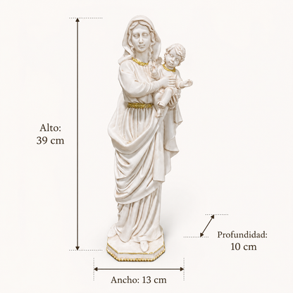 Figura Virgen María con Niño Jesús Marfil y Dorado – 39 cm