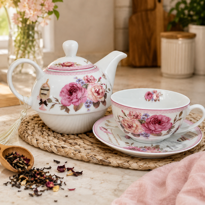 Juego de Té de Porcelana Floral – Tetera + Taza con Platillo
