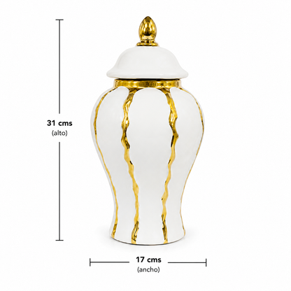 Florero y Cofre Decorativo de Cerámica Blanco y Dorado - 31 cm